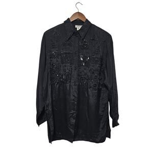 Vintage Olsen Rayon Button-Up Blouse Size 36 Beaded Sequin Black Gothic Chic